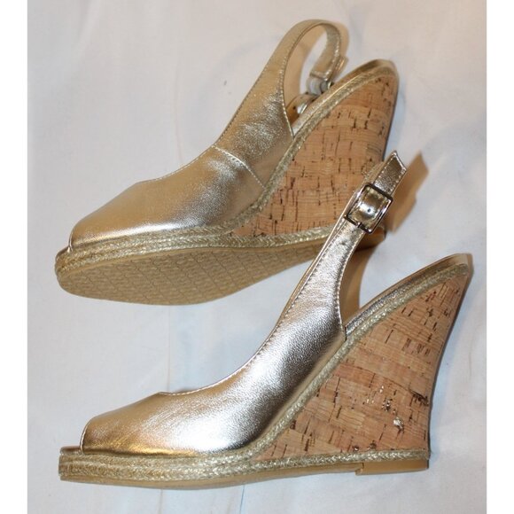 Lilly Pulitzer Krisie Wedge sandals Metallic Gold Leather 10 Slingback Peep Toe - Picture 4 of 8